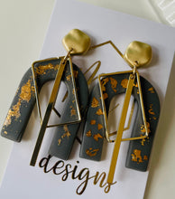 Abstract Horseshoe Shaped Clay Earrings with Gold Rectangle and Bar