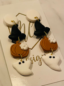 Clay Halloween Witch Hat Pumpkin Ghost earrings