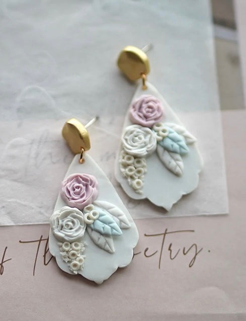 White clay floral earrings