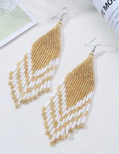 Gold and White Beaded Fringe Earrings