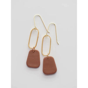 Gold Oblong with Hanging Brown Clay Earrings