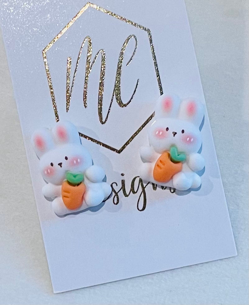 Cute White Bunny Earrings Holding a Carrot