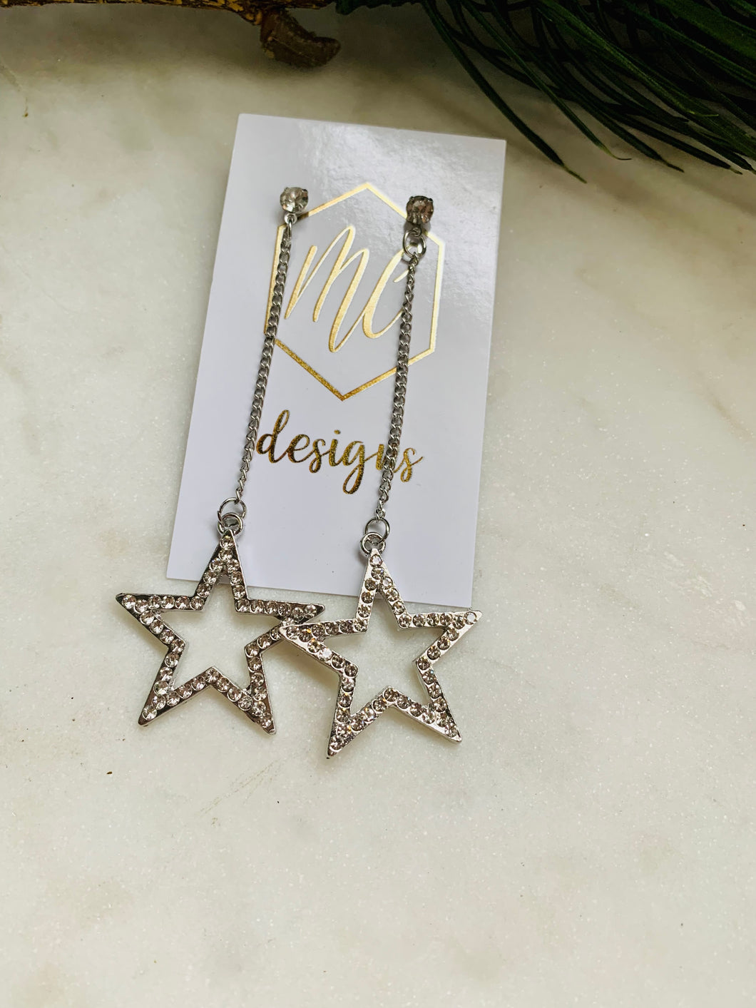 Star Rhinestoned Chain Earrings Gold Silver