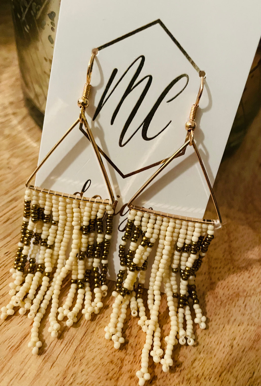 Beaded Fringe Gold Triangle Earrings