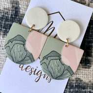 Floral Clay Earrings - Muted Green and Pink