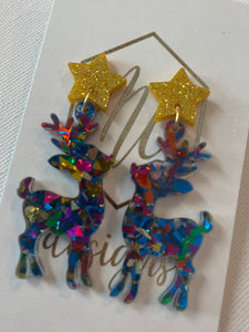 Glitter Star Tree and Reindeer Christmas Earrings