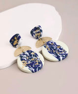 Navy Blue Gold and White Clay Earrings