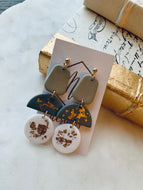 Three Tier Gray & White Clay Gold Flake Earrings