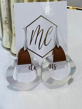 Silver Round Earrings with Brown Leather