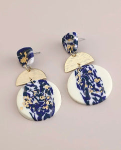 Navy Blue Gold and White Clay Earrings