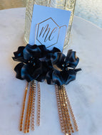 Big Black Flower Earrings with Rhinestone dangles