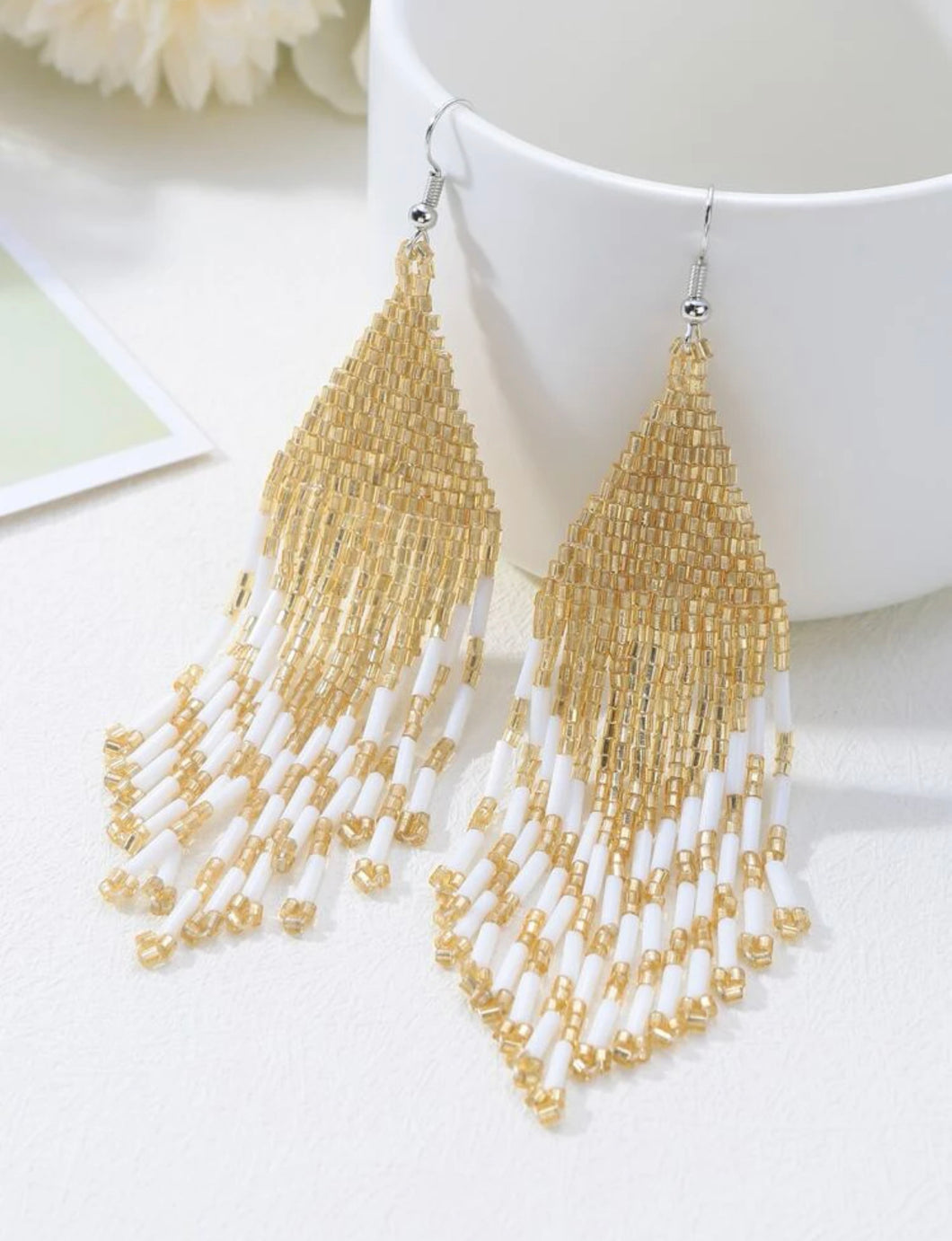 Gold and White Beaded Fringe Earrings