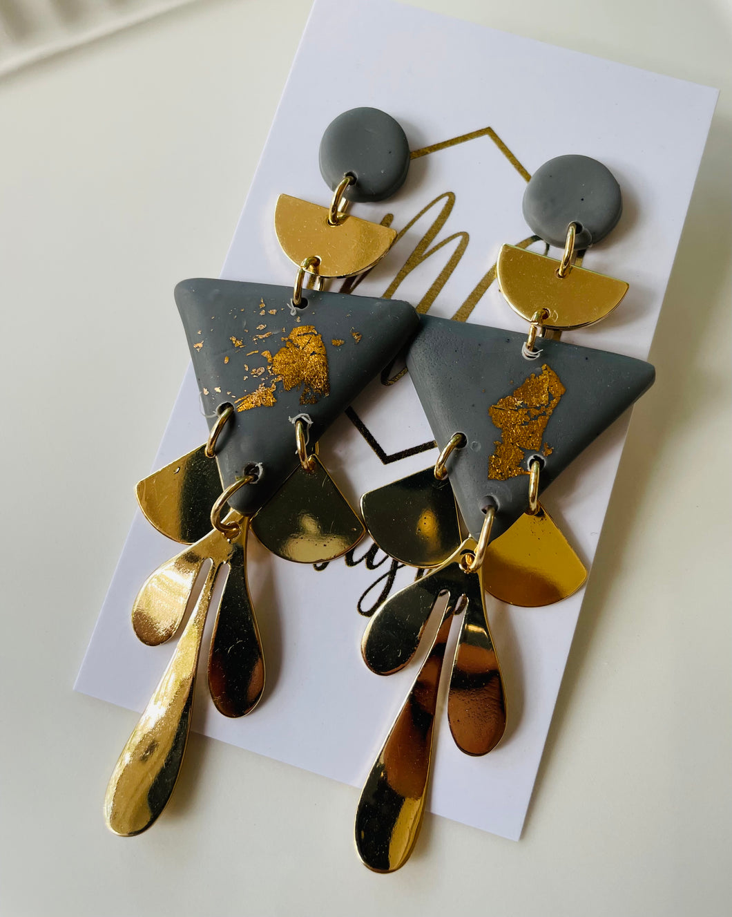 Gold and triangle clay polymer statement earrings