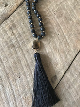 Black Lava Bead Tassel Necklace