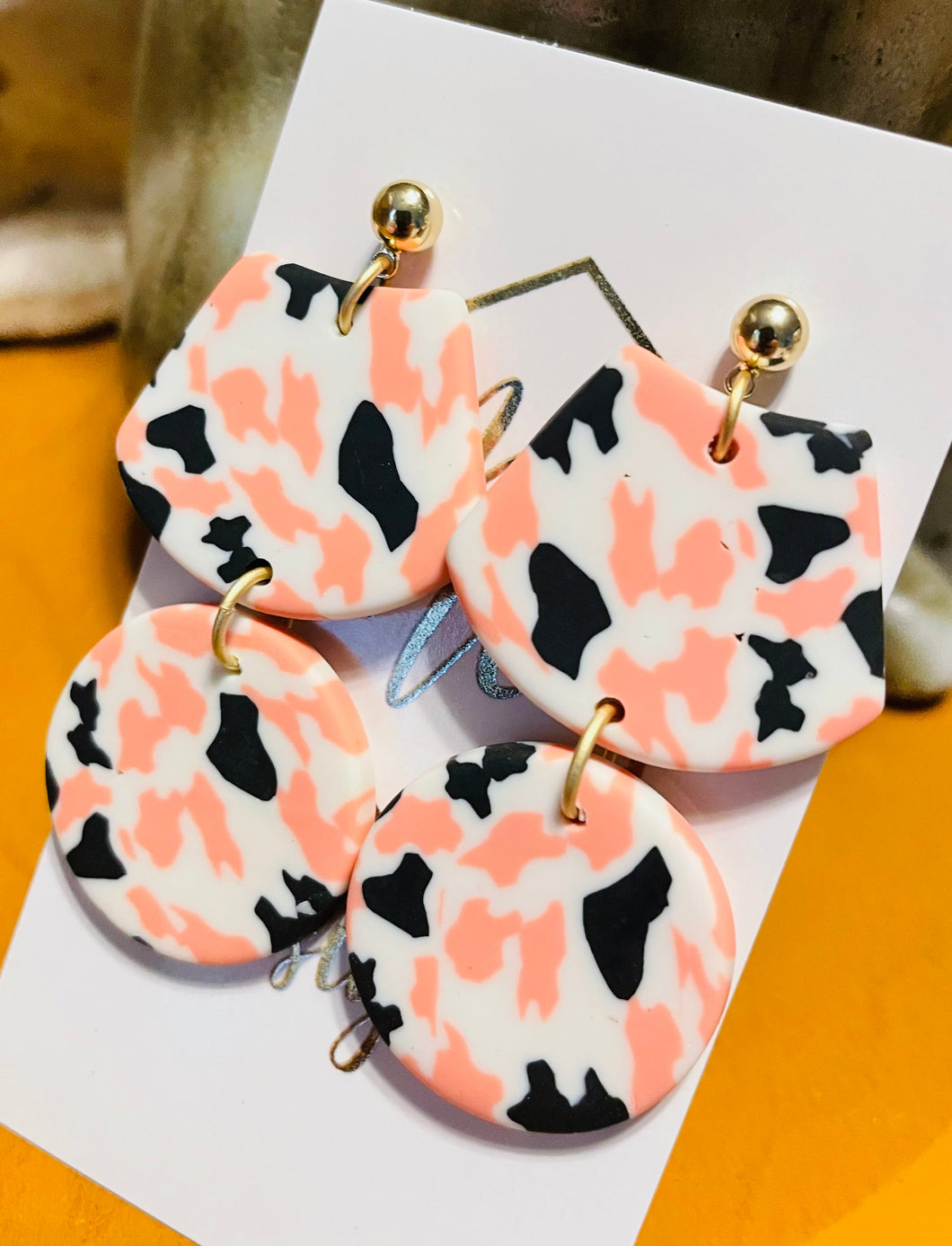 Pink white and black clay polymer earrings