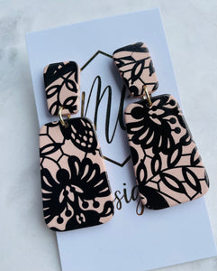 Floral Painted Clay Earrings -Pink/Black