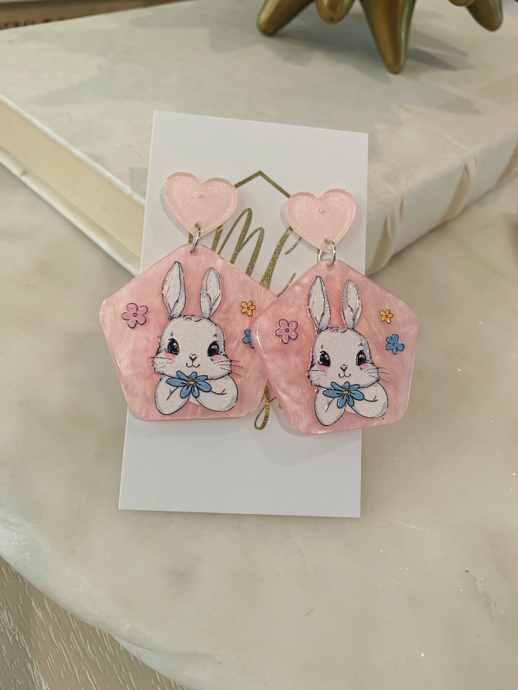 Pink Acrylic White Bunny Earrings