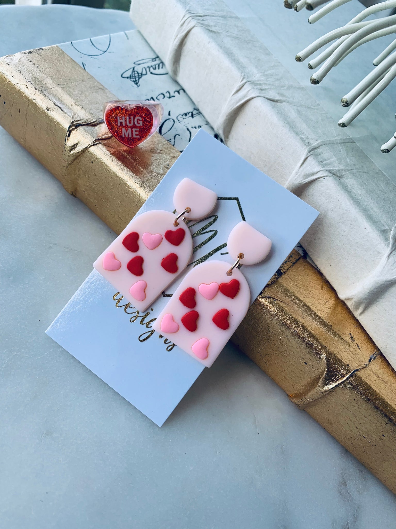 Valentines heart earrings, three pink heart clay earrings , valentines love  Dangles , woman’s day clay earrings