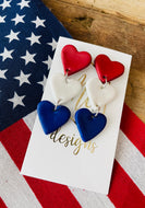 USA Triple Heart red white and blue clay polymer earrings