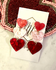 Triple Heart Glitter Acrylic Valentine Earrings -Descending