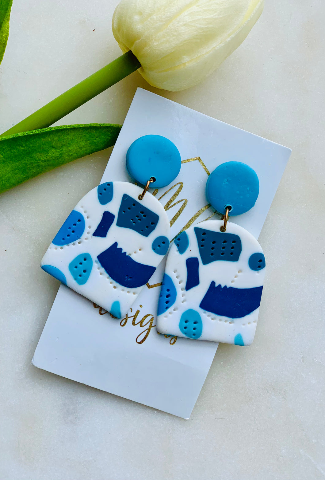 White and aqua blues clay polymer earrings