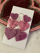 Triple Heart Glitter Acrylic Valentine Earrings -Descending