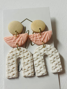 Tan pink white clay horseshoe earrings