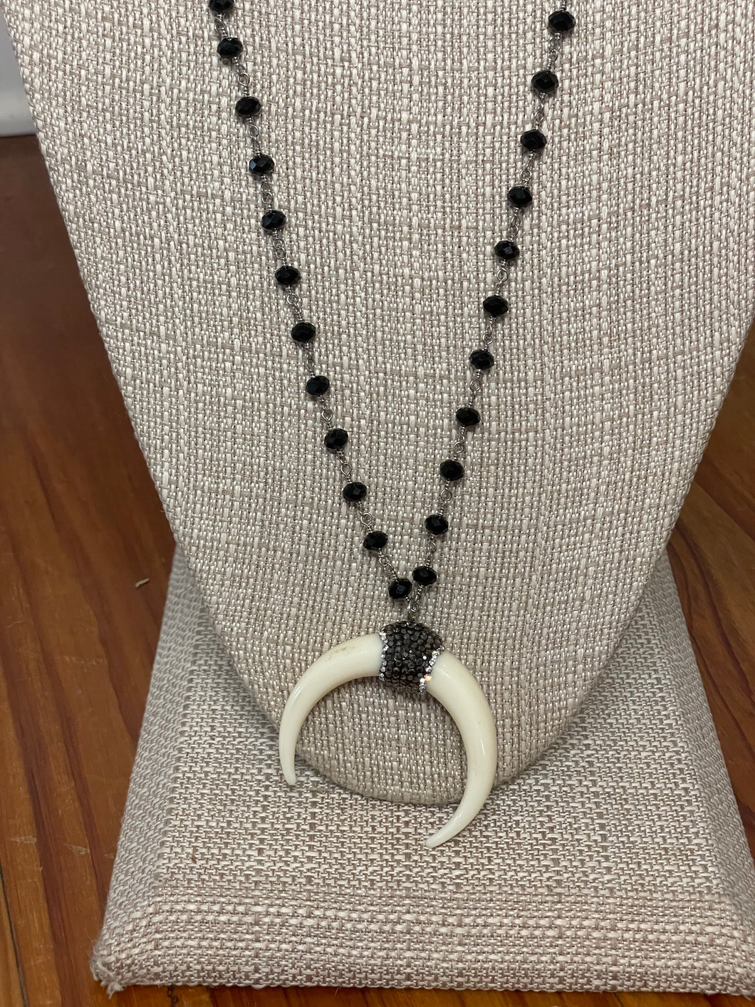 Black and silver rosary chain with crescent long necklace