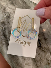 Iridescent circle Earrings with a Gold Rectangle Top