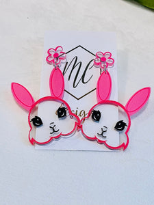 Pink Acrylic Easter Bunny Earrings with Flower Stud