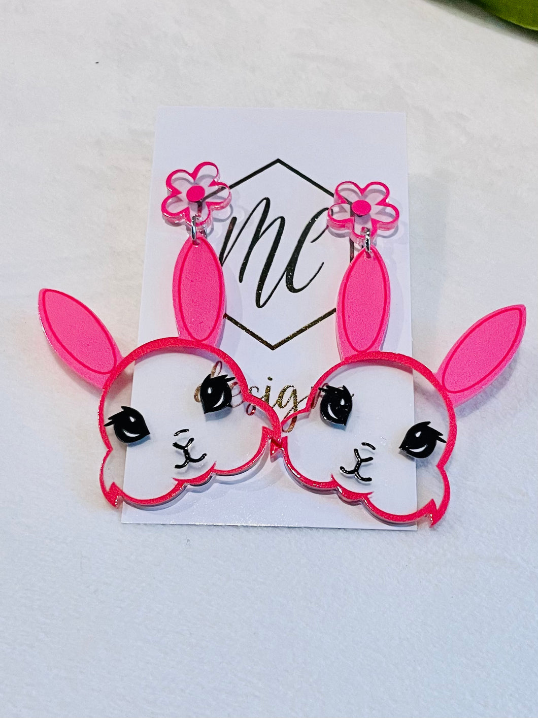 Pink Acrylic Easter Bunny Earrings with Flower Stud