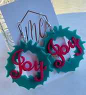 Joy Christmas Wreath Earrings