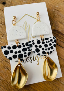 Black and White Clay Earrings with Gold Dangle