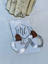 Silver Round Earrings with Brown Leather